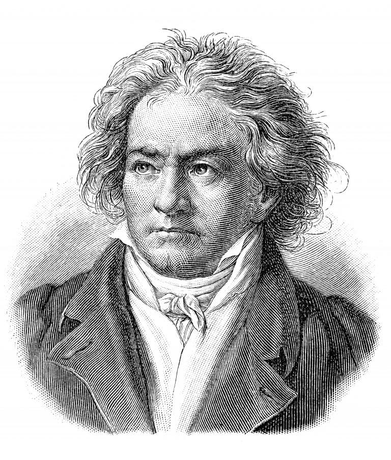 Historic engraved portrait of Ludwig van Beethoven.